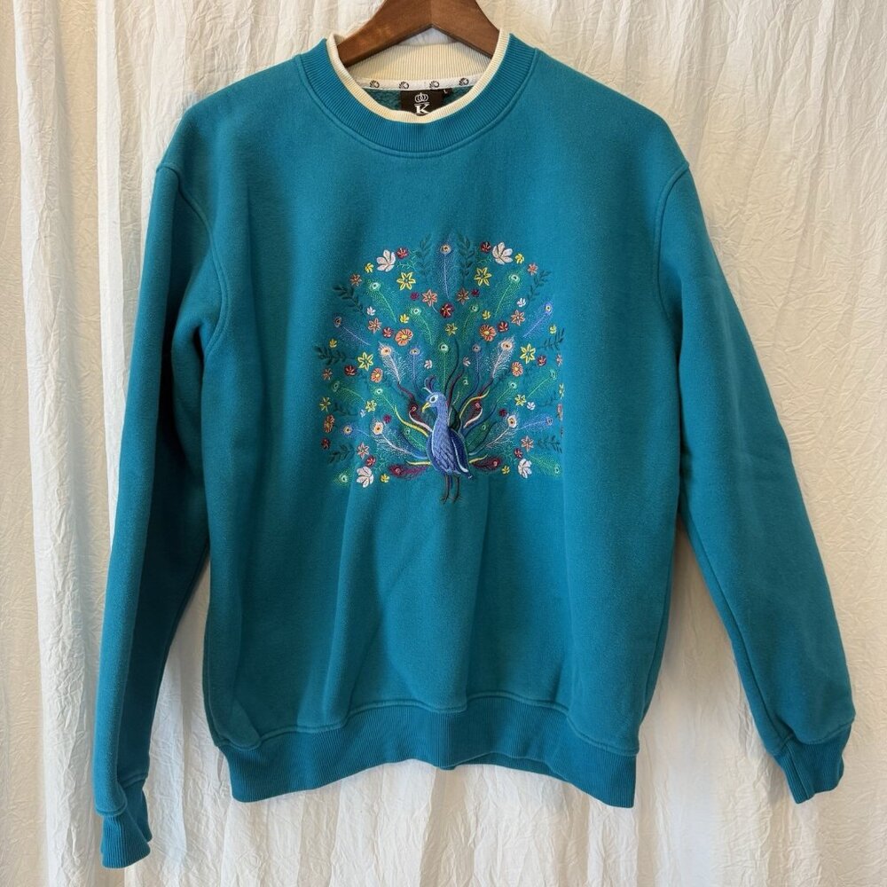 King Embroidered Peacock Crewneck‎ Sweatshirt Womens L Teal Cottage Grandma 90s